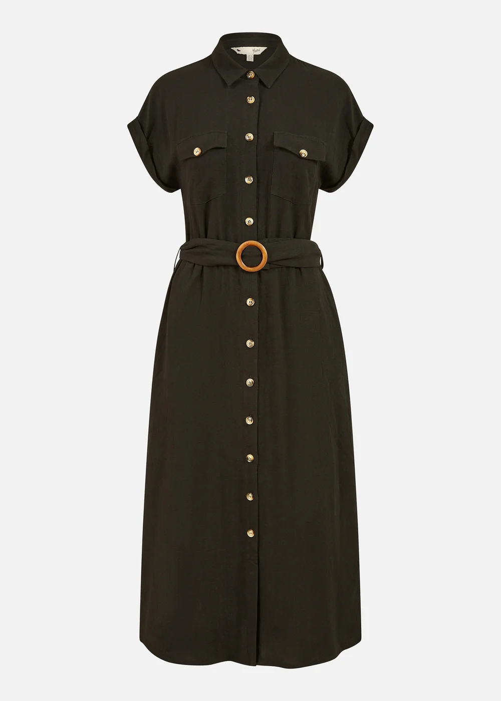 Yumi Black Viscose Linen Look Midi Shirt Dress With Wooden Belt - 8 Image 3