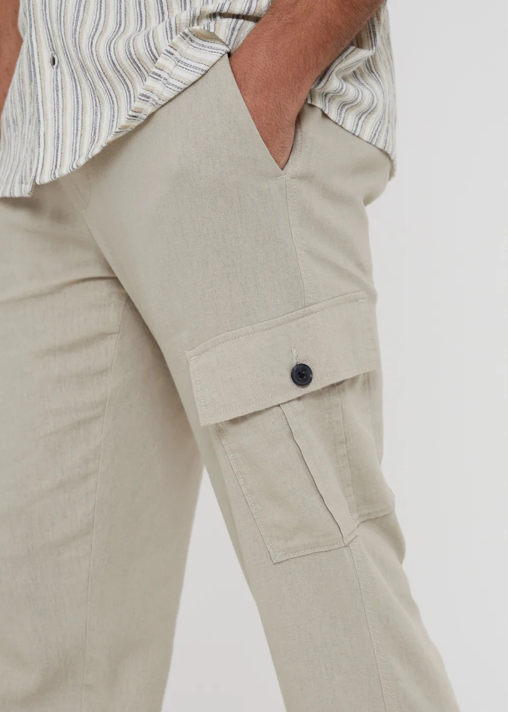 Threadbare Stone Linen Blend Cargo Trousers - 36/L32 Image 3