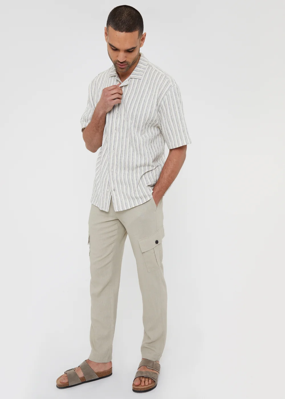 Threadbare Stone Linen Blend Cargo Trousers - 36/L32 Image 4