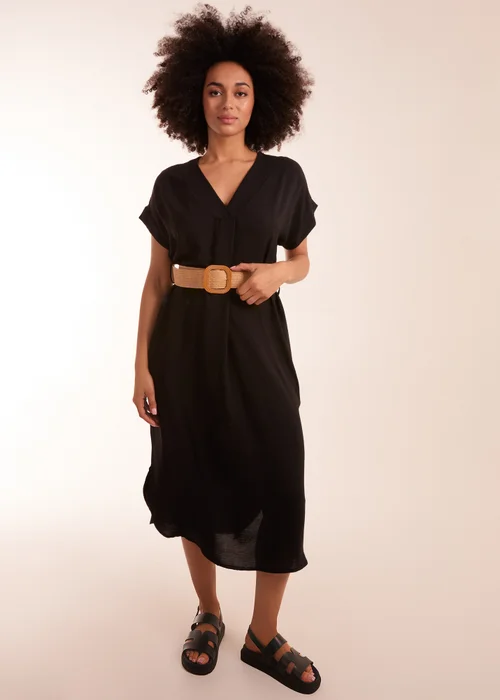 Blue Vanilla Black Belted V neck Midi Dress - One Size Image 1