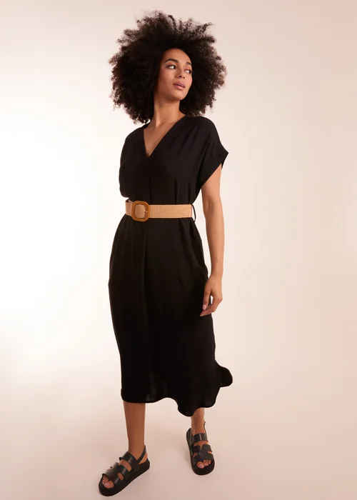 Blue Vanilla Black Belted V neck Midi Dress - One Size Image 4