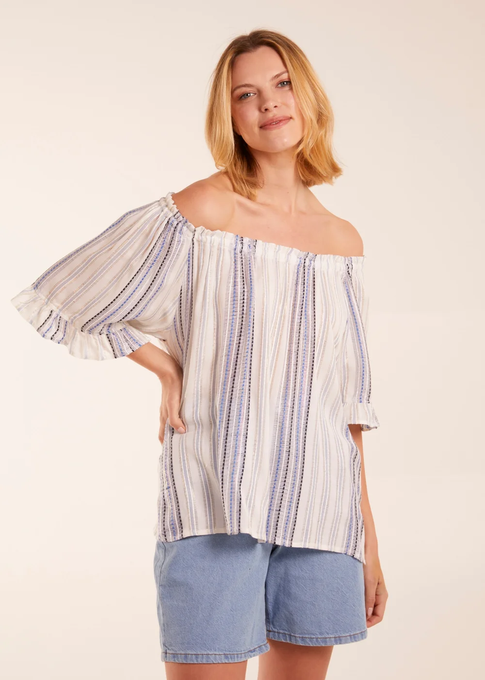 Blue Vanilla Blue Bardot Top With Stripe - Large Image 1