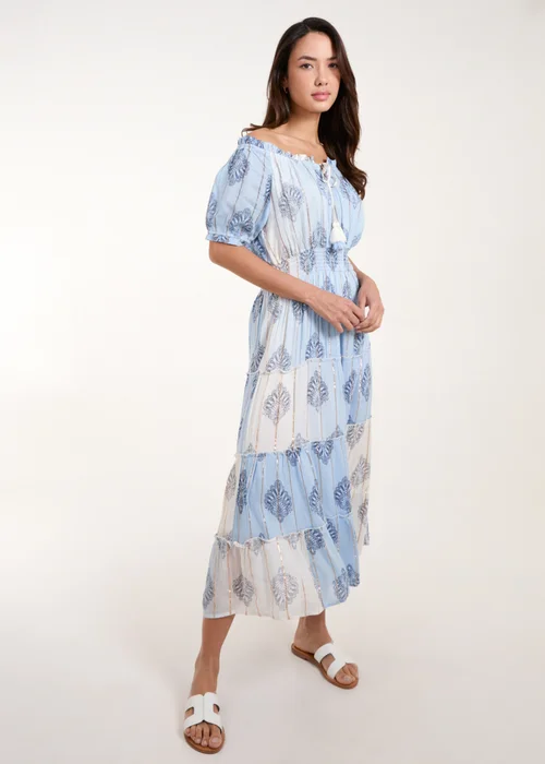 Blue Vanilla Blue Printed Bardot Tassel Midi Dress - S Image 4