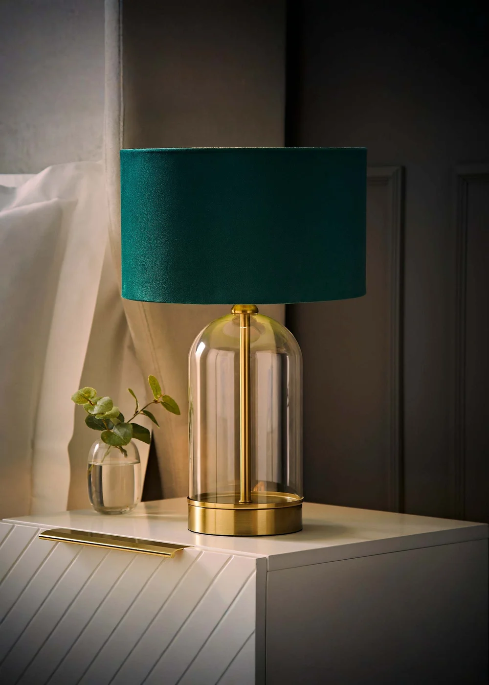 ValueLights Jessy Glass Table Lamp Forest Green Velvet Shade (41cm x 25cm) - One Size Image 2