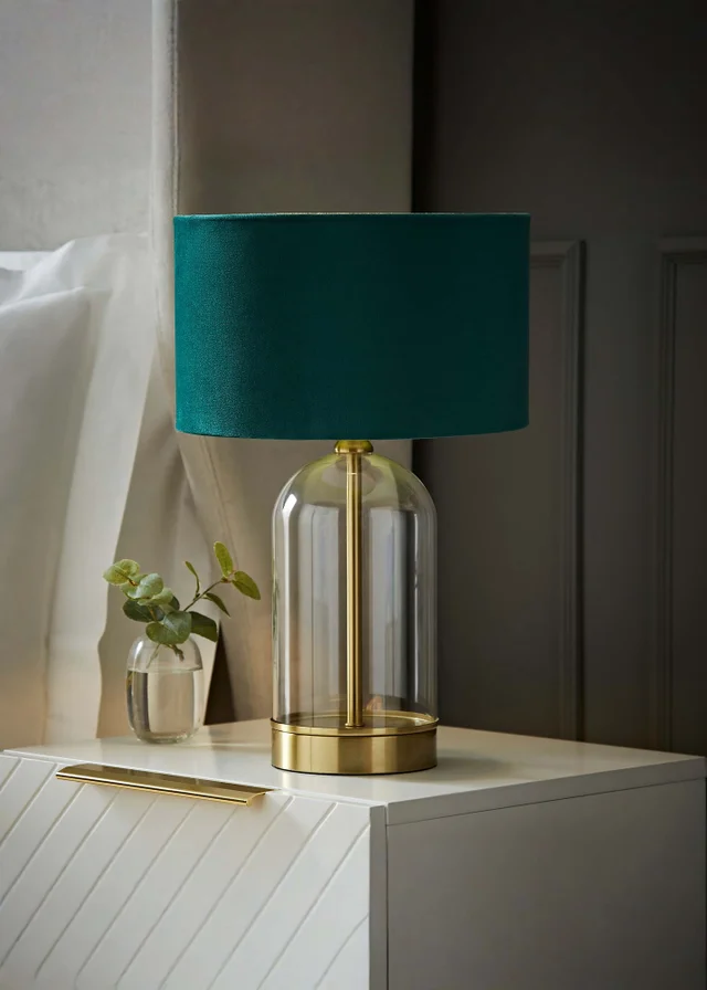 ValueLights Jessy Glass Table Lamp Forest Green Velvet Shade (41cm x 25cm)