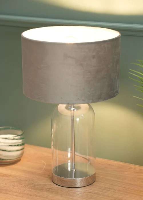 ValueLights Jessy Glass Table Lamp Grey Velvet Shade (41cm x 25cm) - One Size Image 3