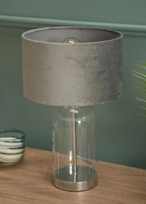 ValueLights Jessy Glass Table Lamp Grey Velvet Shade (41cm x 25cm) - One Size Image 4
