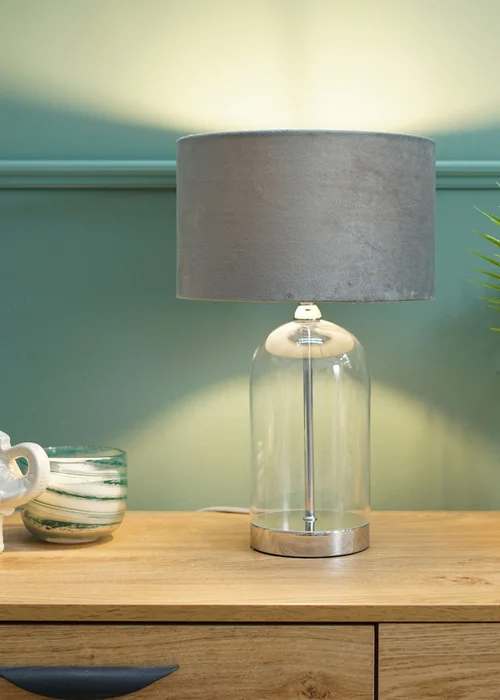ValueLights Jessy Glass Table Lamp Grey Velvet Shade (41cm x 25cm) - One Size Image 1