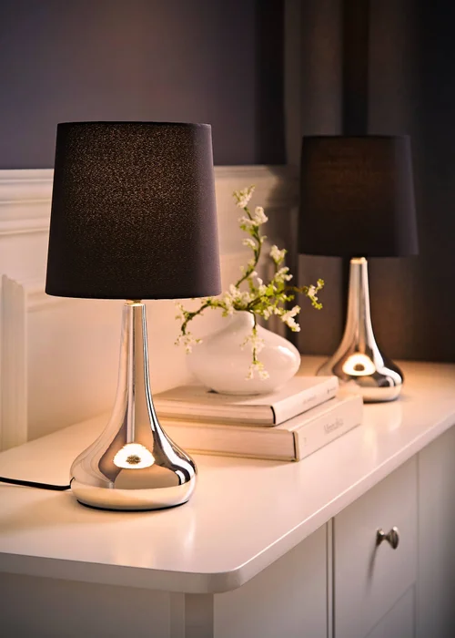 ValueLights Pair Of Chrome Teardrop Table Lamps Black Shades (33cm x 16cm x 16cm) - One Size Image 3