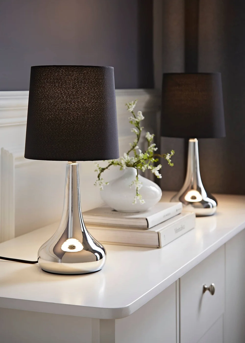 ValueLights Pair Of Chrome Teardrop Table Lamps Black Shades (33cm x 16cm x 16cm) - One Size Image 1