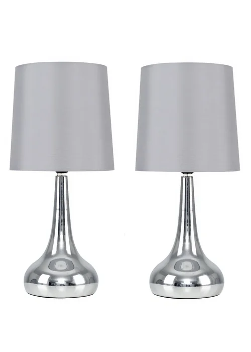 ValueLights Pair Of Chrome Teardrop Table Lamps Grey Shades (34cm x 16cm x 16cm) - One Size Image 4
