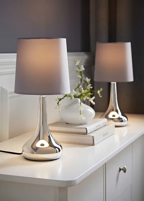 ValueLights Pair Of Chrome Teardrop Table Lamps Grey Shades (34cm x 16cm x 16cm) - One Size Image 1