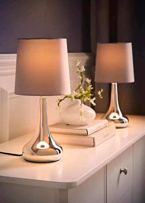 ValueLights Pair Of Chrome Teardrop Table Lamps Grey Shades (34cm x 16cm x 16cm) - One Size Image 3