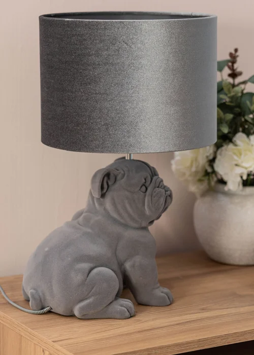 ValueLights Billy Grey Velvet Bulldog Table Lamp (46.5cm x 28cm x 28cm) - One Size Image 1