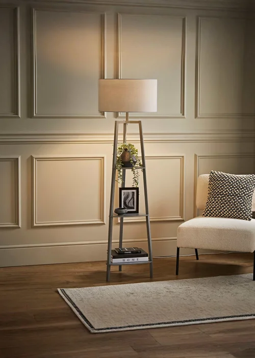 ValueLights Hiru Grey 3 Tier Shelf Floor Lamp Grey Shade (138cm x 44cm x 44cm) - One Size Image 1