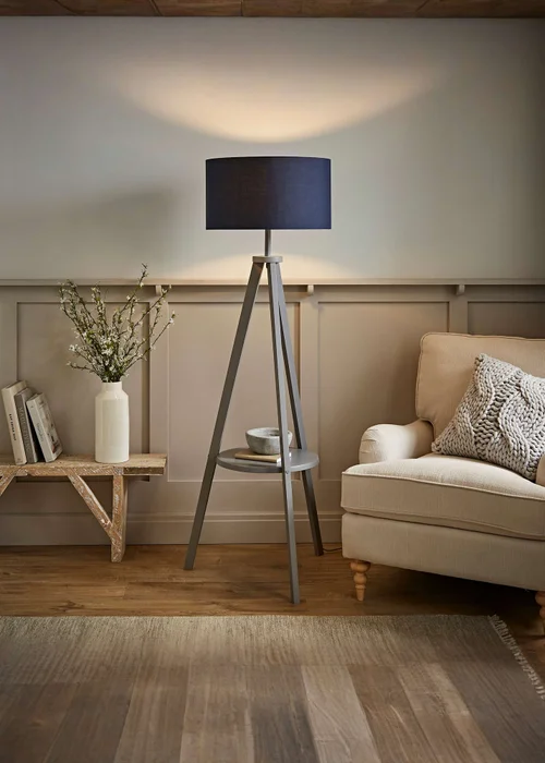 ValueLights Morrigan Grey Wood Tripod Floor Lamp Navy Shade (147cm x 45cm) - One Size Image 1