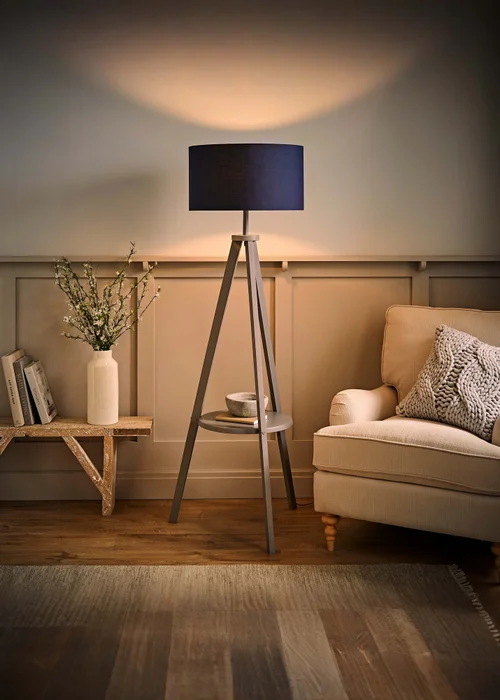 ValueLights Morrigan Grey Wood Tripod Floor Lamp Navy Shade (147cm x 45cm) - One Size Image 3