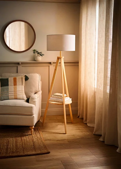 ValueLights Morrigan Light Wood Tripod Floor Lamp Grey Shade (147cm x 45cm) - One Size Image 3