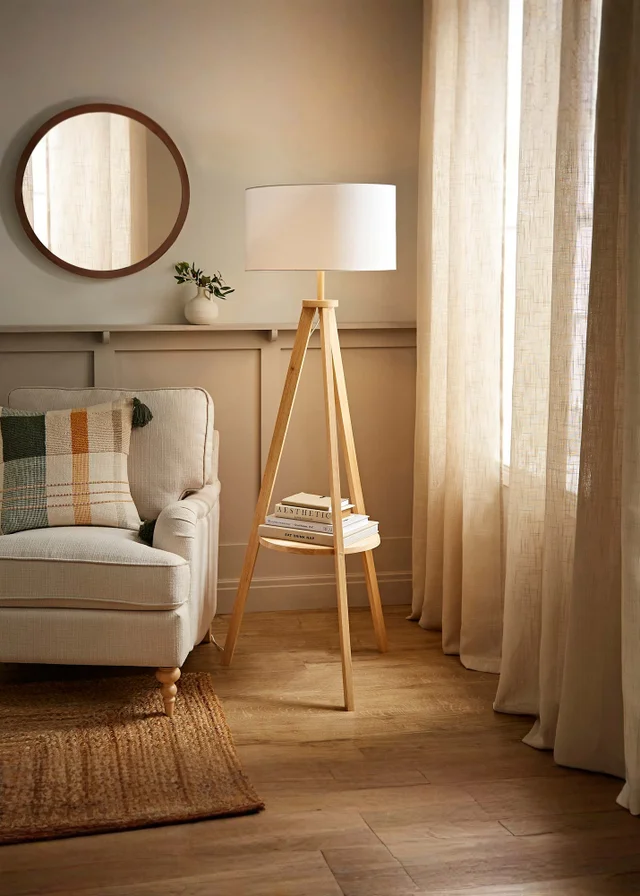 ValueLights Morrigan Light Wood Tripod Floor Lamp White Shade (147cm x 45cm)