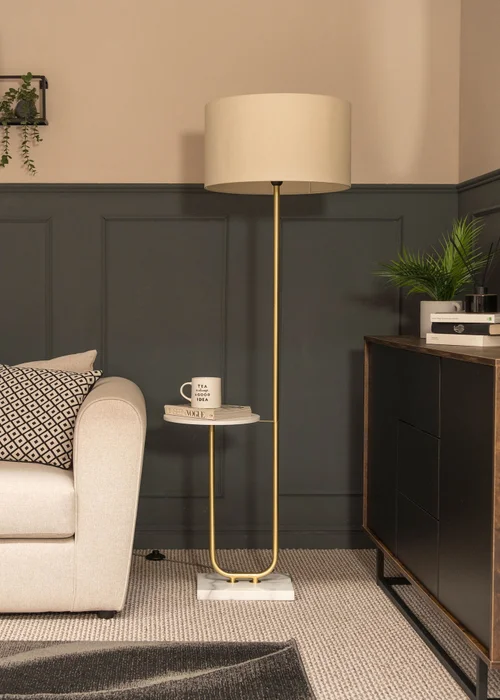 ValueLights Tavel Brushed Gold Floor Lamp Natural Shade (132.5cm x 14cm x 35cm) - One Size Image 2