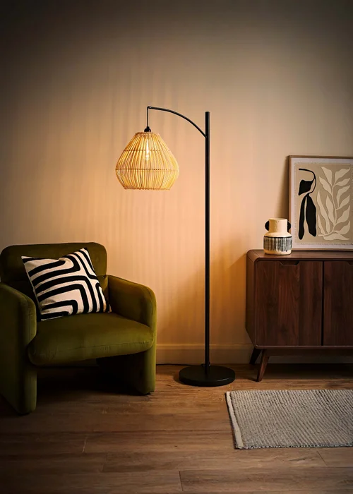ValueLights Preto Black Metal Floor Lamp Rattan Teardrop Shade (157cm x 33cm) - One Size Image 2