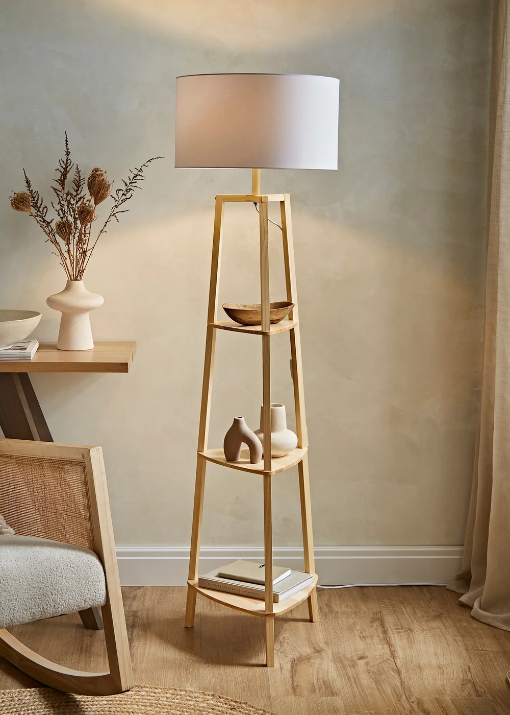 ValueLights Hiru Natural Wood 3 Tier Shelf Floor Lamp (25cm x 47cm x 47.5cm) - One Size Image 1