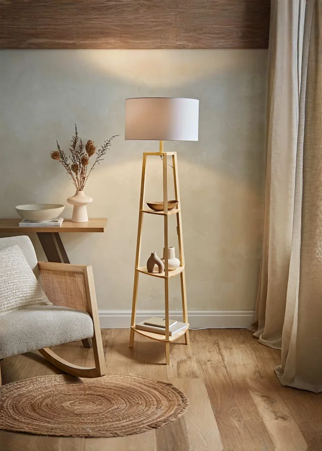 ValueLights Hiru Natural Wood 3 Tier Shelf Floor Lamp (25cm x 47cm x 47.5cm)
