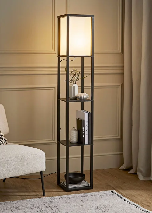 ValueLights Struttura Black Wooden Shelves Floor Lamp (159cm x 26cm x 26cm) - One Size Image 1