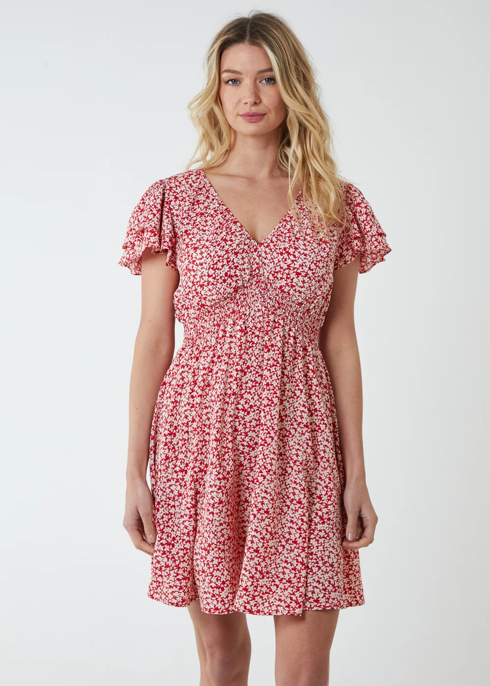 Blue Vanilla Red Double Ruffle Empire Shirred Mini Dress - 10 Image 1