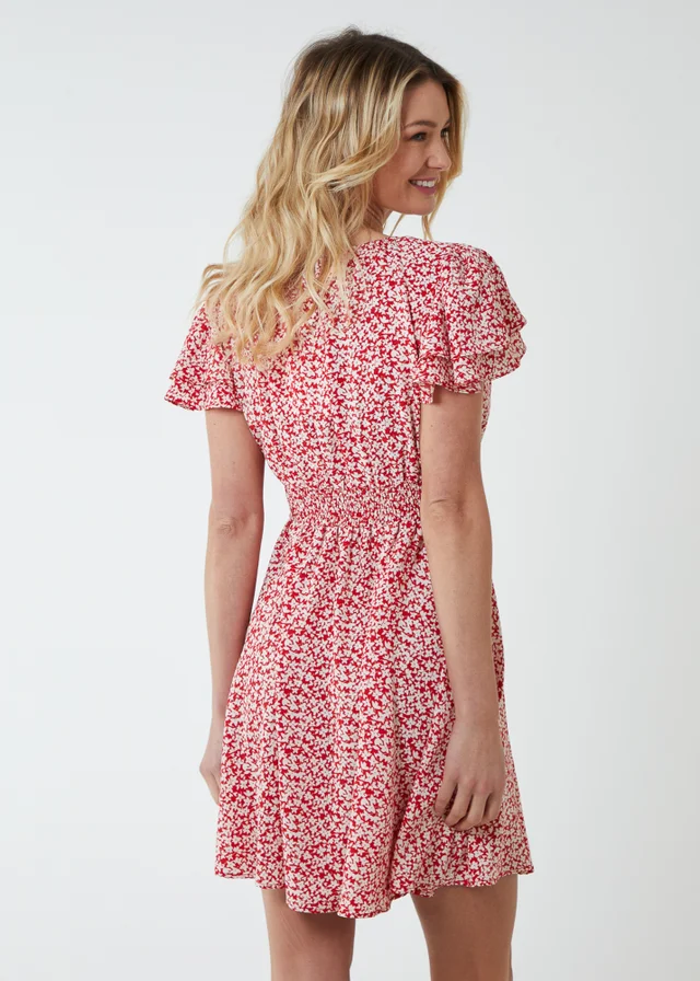 Blue Vanilla Red Double Ruffle Empire Shirred Mini Dress