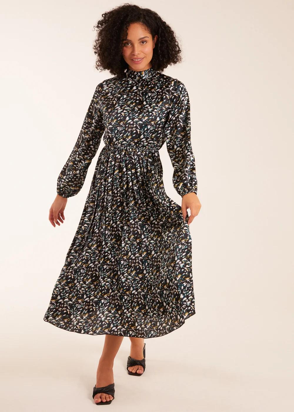 Blue Vanilla Teal Abstract Animal Print High Neck Blouson Midi Dress - 8 Image 1