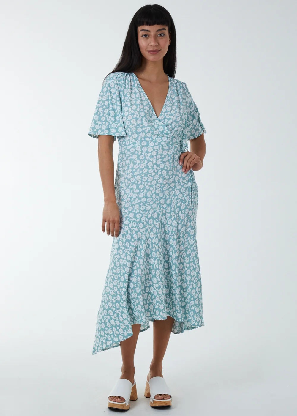 Blue Vanilla Green Angel Sleeves Wrap Midi Dress - 8 Image 1