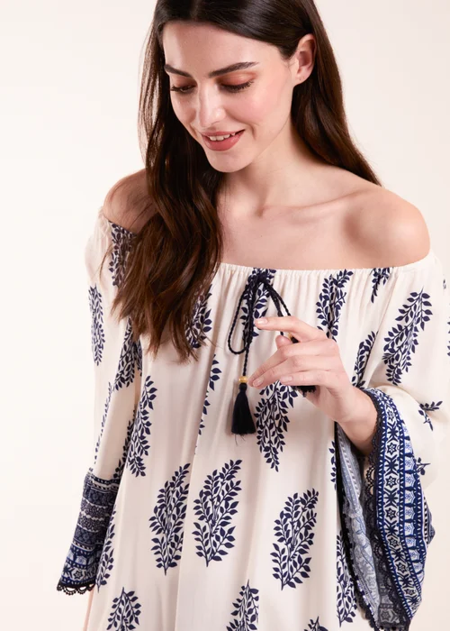 Blue Vanilla Blue Mix Print Bardot With Tassel Dress - S/M Image 3
