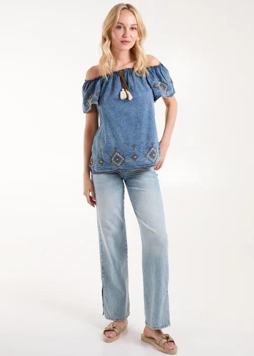 Blue Vanilla Blue Denim Embroidered Bardot Top - Small Image 4