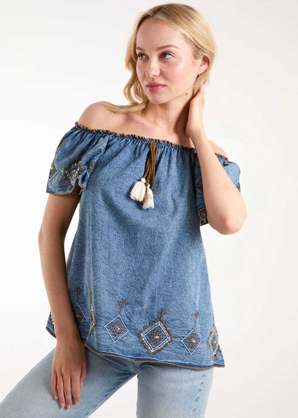 Blue Vanilla Blue Denim Embroidered Bardot Top - Small Image 1