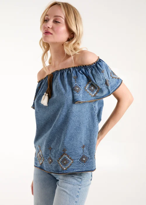 Blue Vanilla Blue Denim Embroidered Bardot Top - Small Image 3
