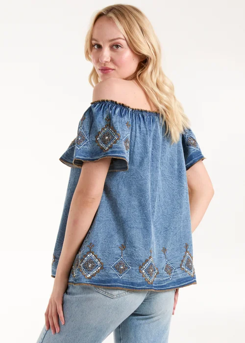 Blue Vanilla Blue Denim Embroidered Bardot Top - Small Image 2