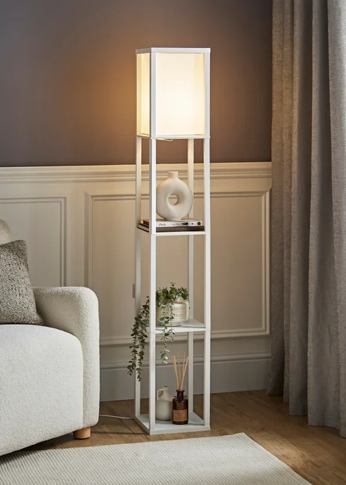 ValueLights Struttura White Wooden Shelves Floor Lamp (159cm x 26cm x 26cm) - One Size Image 1