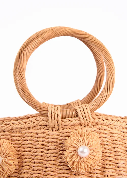 Blue Vanilla Stone Pearl Pompom Mini Woven Handbag - One Size Image 2