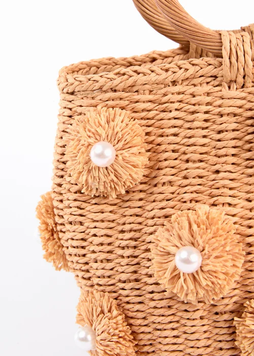 Blue Vanilla Stone Pearl Pompom Mini Woven Handbag - One Size Image 4