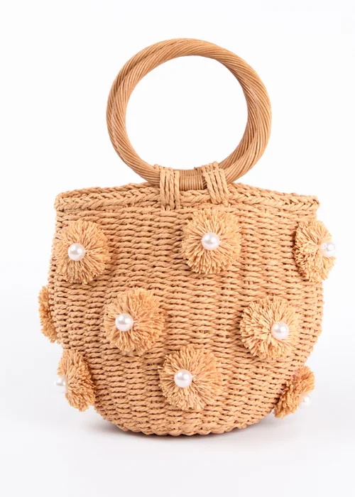 Blue Vanilla Stone Pearl Pompom Mini Woven Handbag - One Size Image 1