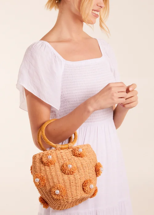 Blue Vanilla Stone Pearl Pompom Mini Woven Handbag - One Size Image 3