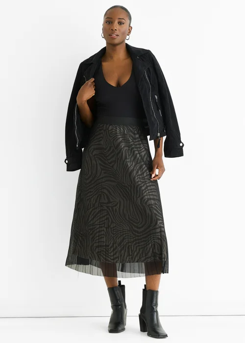 Gini London Black Animal Print Mesh Overlay Pleated Midi Skirt - 8 Image 1