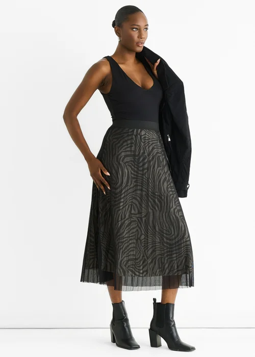 Gini London Black Animal Print Mesh Overlay Pleated Midi Skirt - 8 Image 4