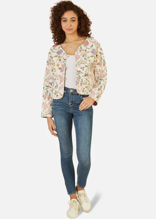 Yumi White Floral Print Reversible Cotton Cropped Quilted Jacket - 16 Image 1
