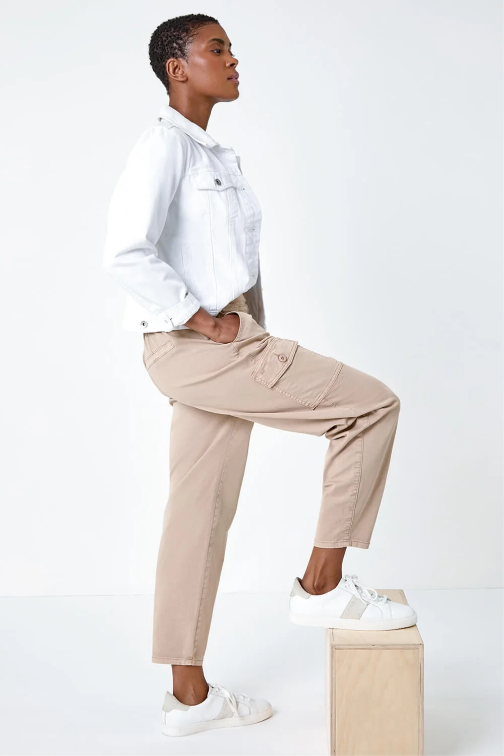 Roman Natural Casual Elastic Waist Cropped Cargo Trousers - 20 Image 1