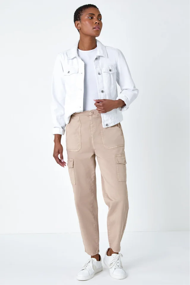 Roman Natural Casual Elastic Waist Cropped Cargo Trousers