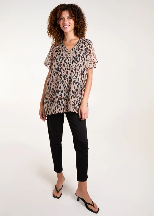 Blue Vanilla Brown V Neck Animal Tunic Top - Small Image 4