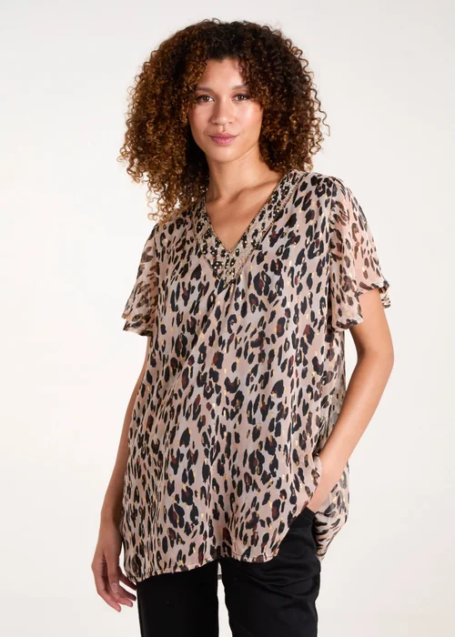 Blue Vanilla Brown V Neck Animal Tunic Top - Small Image 1