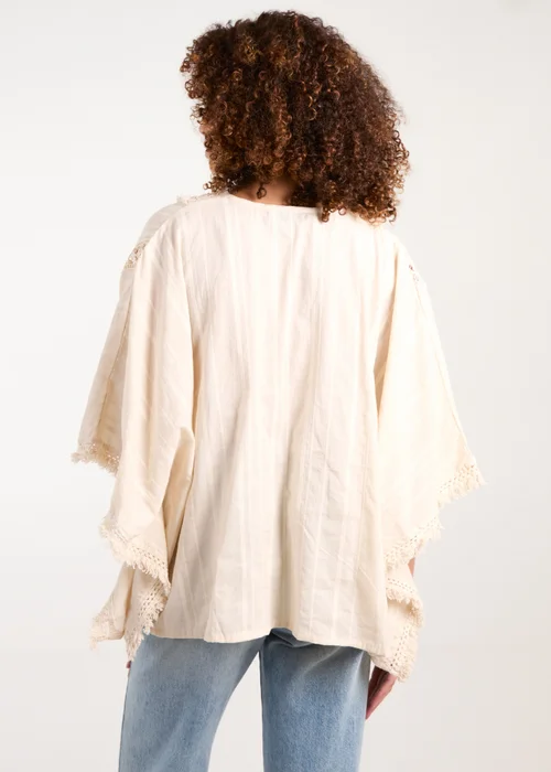 Blue Vanilla Stone V Front Crochet Fringe Kimono Top - One Size Image 2